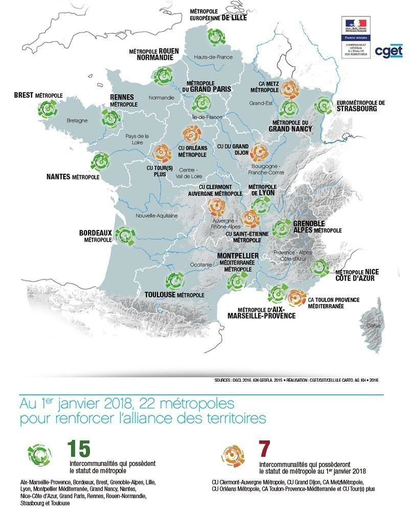 Les 22 métropoles françaises au 1er janvier 2018