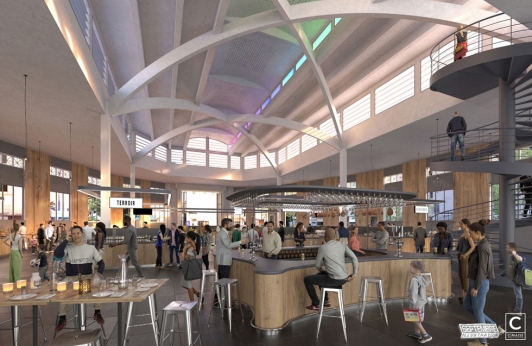 Perspective du projet : vue de l'aménagement intérieur de la halle