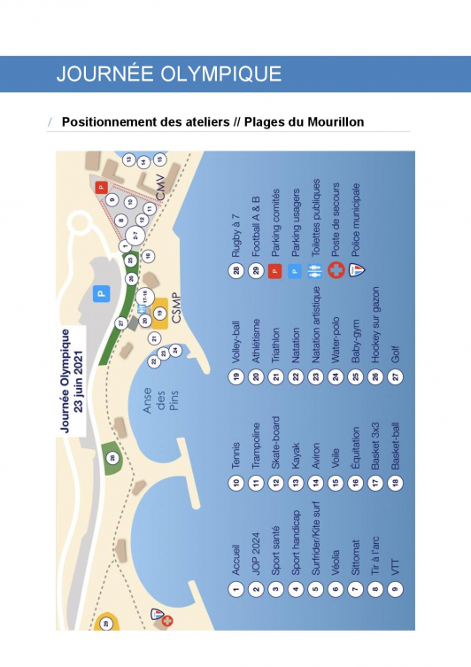 Carte des activités - plage du Mourillon - Journée olympique