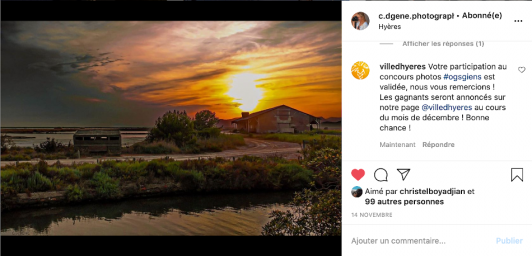 Concours Instagram 1ère place Geneviève Canales "Un ciel flamboyant comme un feu de cheminée au-dessus du Salin des Pesquiers"